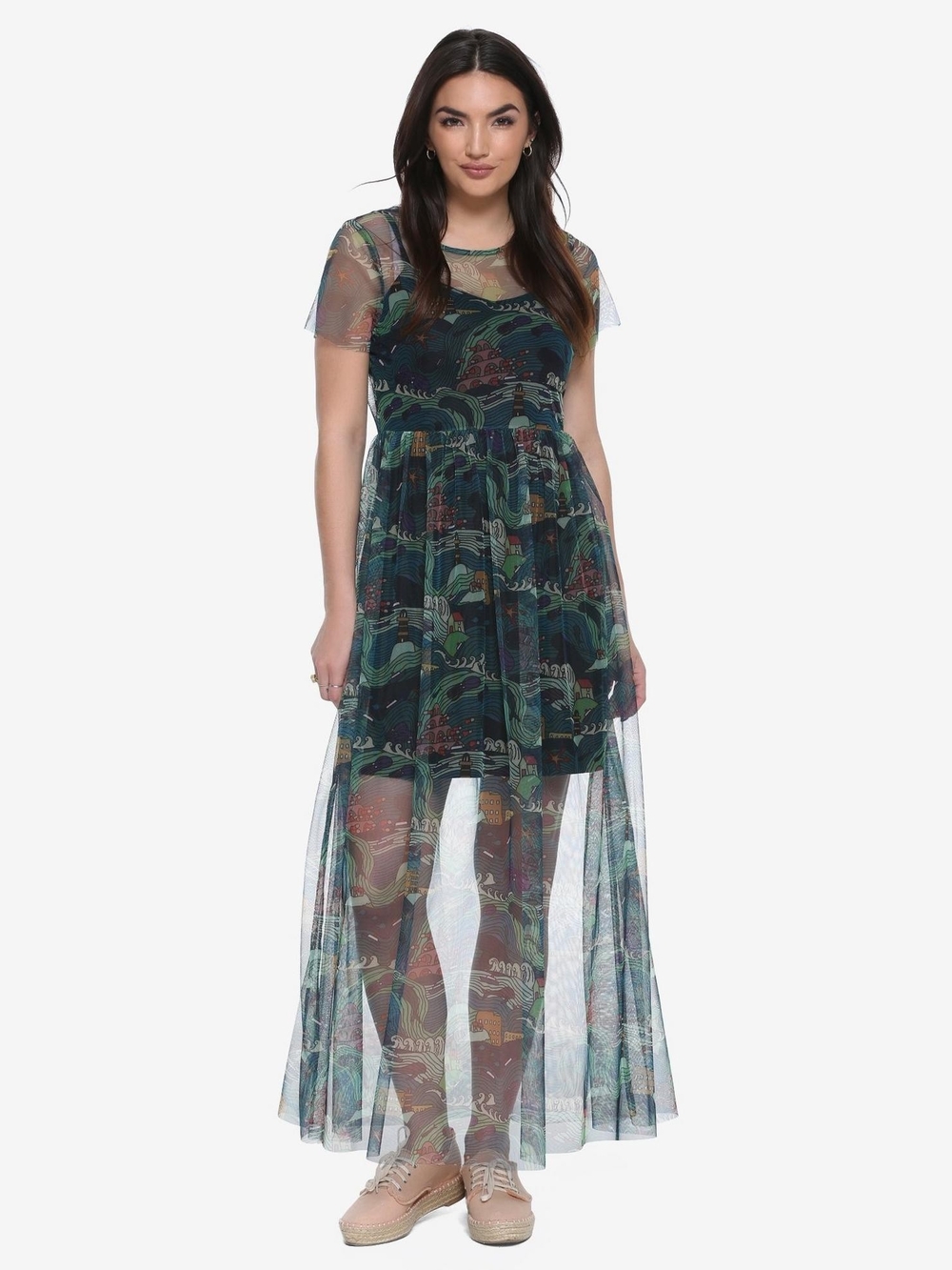 Sheer Printed Maxi Dress with Short-Sleeve Slip - Green Blue